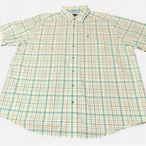 ARIAT PRO SERIES Mens Aqua Blue Plaid Stretch Short Sleeve Button Down Shirt 2XL